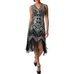 Unique Vintage Women's XL/14 Bead Sequin & Fringe Flapper Gatsby Dress